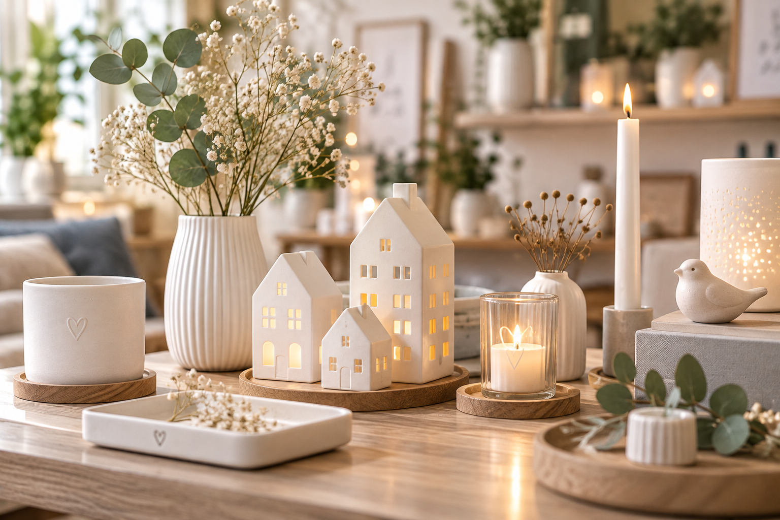 Räder Wohnaccessoires mit Lichthäusern, Vasen und Kerzen in warmer Wohnatmosphäre
