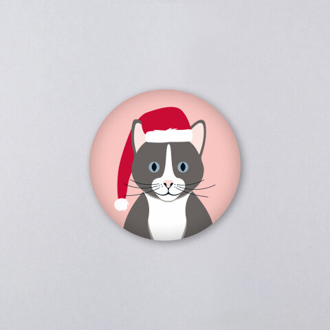 Kunst an Papier Magnet „Katze Xmas“ Ø 56 mm – Weihnachtsmotiv