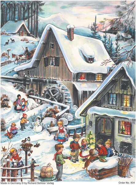 Sellmer Adventskalender An der Mühle – Nostalgischer Papier-Adventskalender A4 mit Glimmer