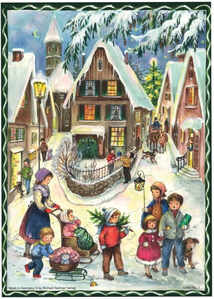 Sellmer Adventskalender Weihnachten im Dorf – Nostalgischer Papier-Adventskalender A4 mit Glimmer