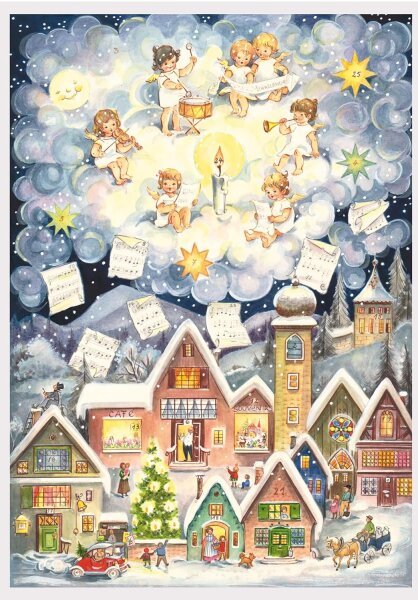 Sellmer Adventskalender Engelskonzert – Nostalgischer Papier-Adventskalender A4 mit Glimmer