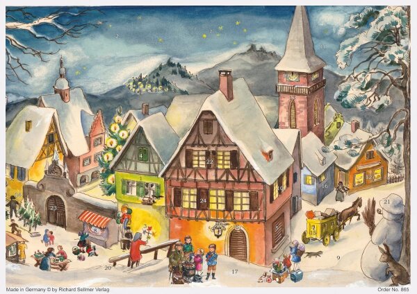 Sellmer Adventskalender Verschneites Dorf – Nostalgischer Papier-Adventskalender A4 mit Silberglimmer