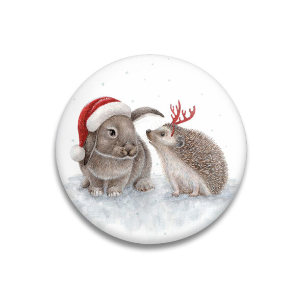 MALUU Dekomagnet Sweet Christmas – Weihnachtsmagnet mit Hase und Igel Ø 55 mm