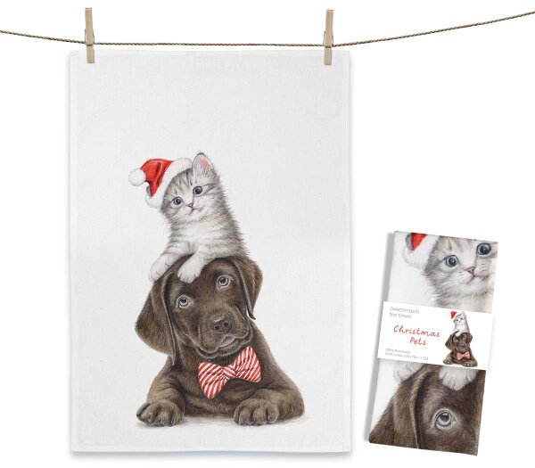 MALUU Geschirrtuch Christmas Pets – Weihnachtliches Küchentuch mit Hund und Katze 50 x 70 cm