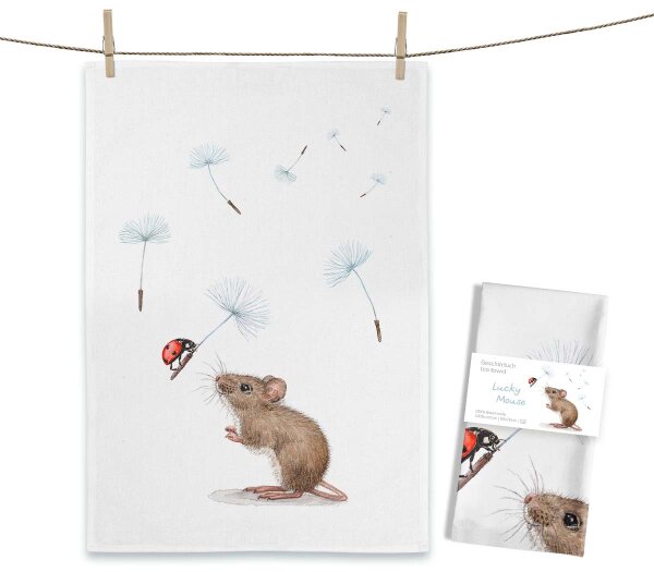 MALUU Geschirrtuch Lucky Mouse – Küchentuch mit süßem Mäusemotiv 50 x 70 cm