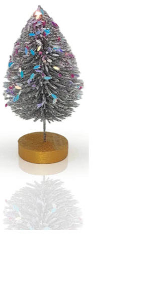MEA-Living Glitzertannenbaum Silber-Rainbow – Weihnachtsdeko auf Holzsockel 11 cm