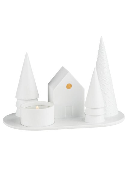 räder Wintermärchen Kerzenhalter Waldhütte, 18 cm – Weiß, Porzellan