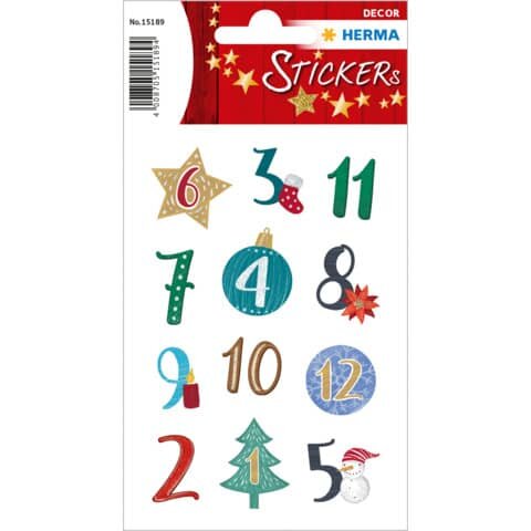 HERMA Adventskalenderzahlen 1–24 Weihnachts-Symbole mit Glitzer – 24 Sticker – 15189