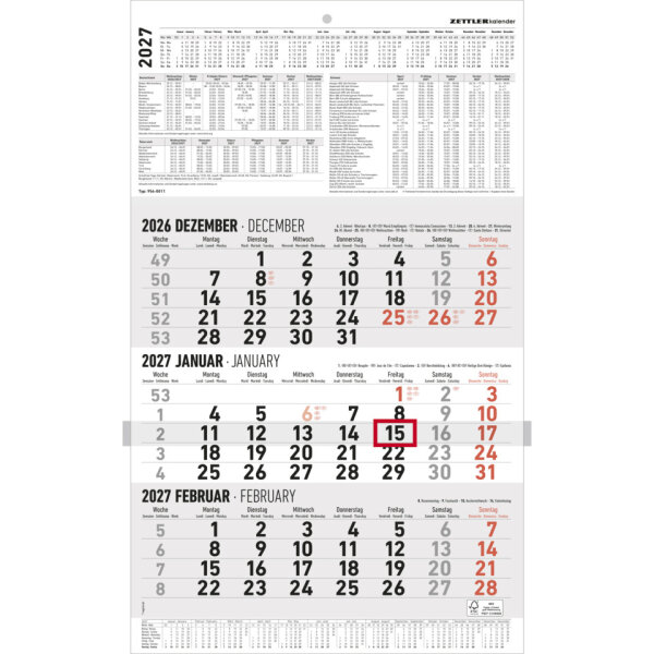 ZETTLER 3-Monatskalender groß 2027, 30 × 48,5 cm – mit Datumsschieber