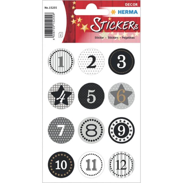 HERMA Adventskalendersticker 1–24 Schwarz mit Goldprägung – 24 Stück – 15255