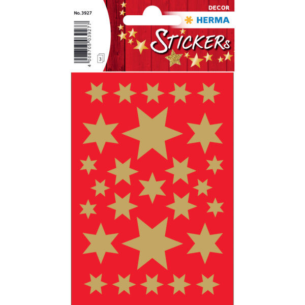 HERMA Schmucketiketten Sterne 6-zackig Gold – verschiedene Größen – 81 Sticker, 3 Blatt