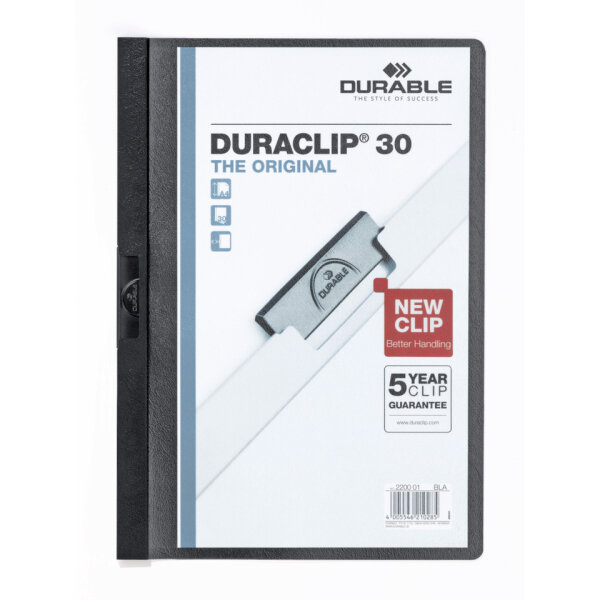 DURABLE DURACLIP Original 30 Klemmmappe DIN A4 Schwarz – bis 30 Blatt – 2200-01
