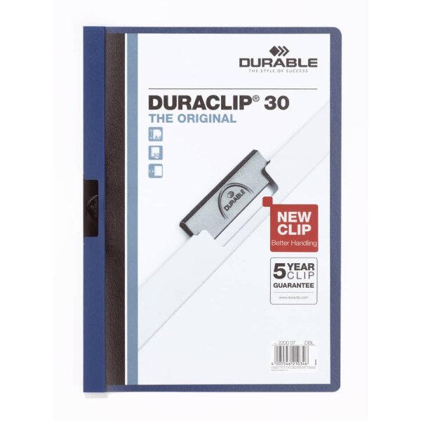 DURABLE DURACLIP Original 30 Klemmmappe DIN A4 Dunkelblau – bis 30 Blatt – 2200-07