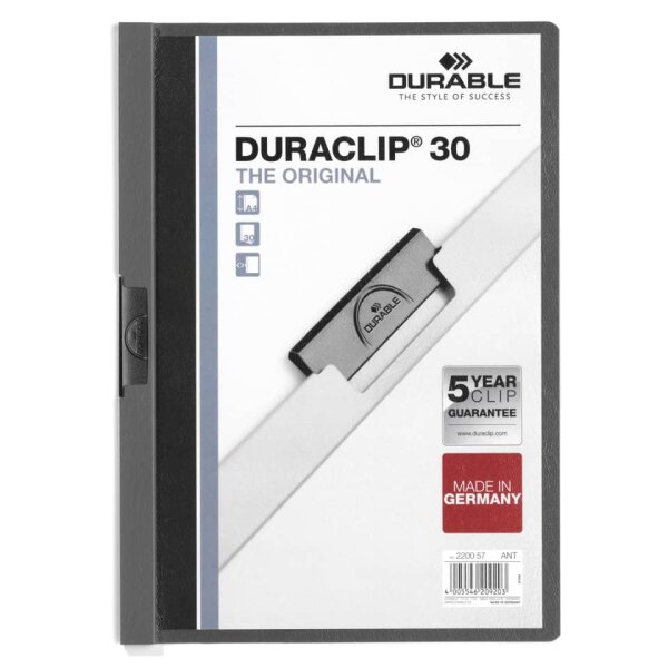 DURABLE DURACLIP Original 30 Klemmmappe DIN A4 Anthrazit – bis 30 Blatt – 2200-57