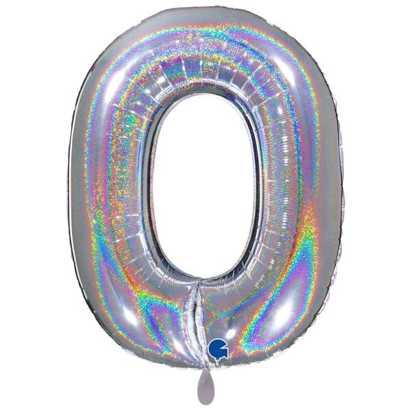 XXL &ndash; Zahlenballon 0 &ndash; Glitter Holographic Silver