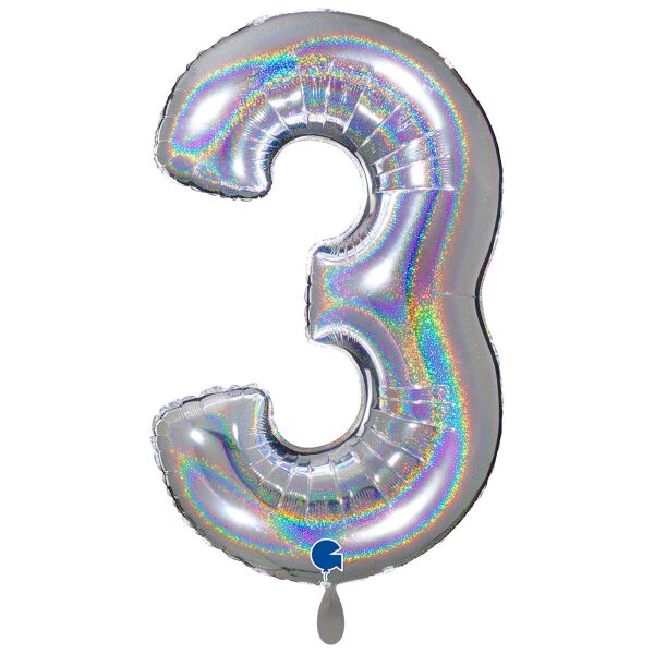 XXL &ndash; Zahlenballon 3 &ndash; Glitter Holographic Silver