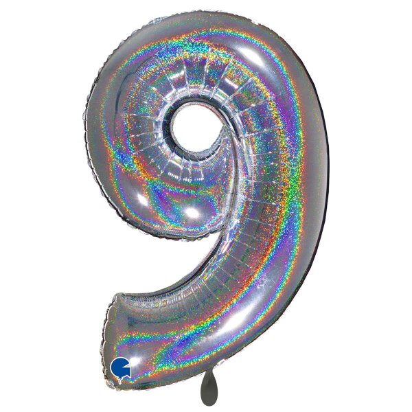 XXL &ndash; Zahlenballon 9 &ndash; Glitter Holographic Silver
