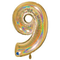 XXL &ndash; Zahlenballon 9 &ndash; Glitter Holographic Gold