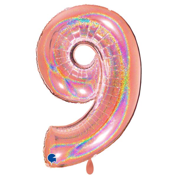 XXL &ndash; Zahlenballon 9 &ndash; Glitter Holographic Rose Gold