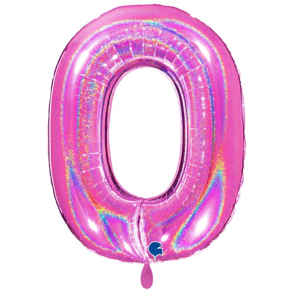 XXL &ndash; Zahlenballon 0 &ndash; Glitter Holographic Fuxia