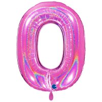 XXL &ndash; Zahlenballon 0 &ndash; Glitter Holographic Fuxia