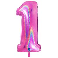 XXL &ndash; Zahlenballon 1 &ndash; Glitter Holographic Fuxia