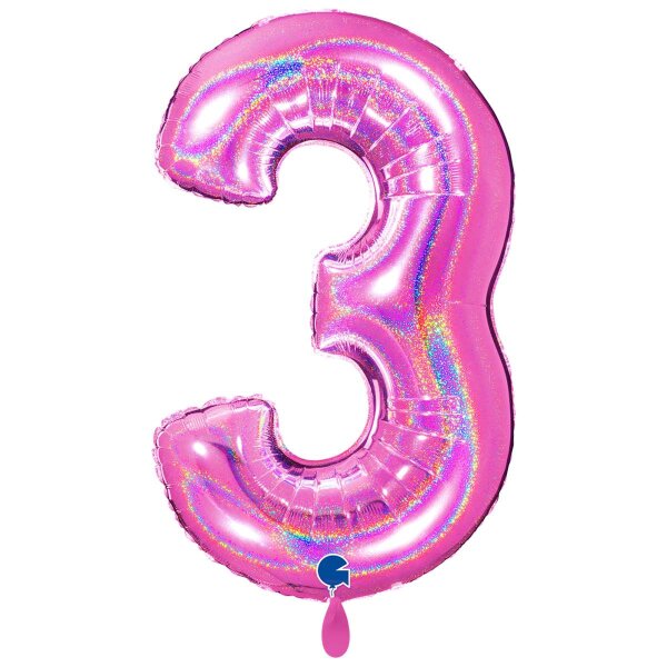 XXL &ndash; Zahlenballon 3 &ndash; Glitter Holographic Fuxia