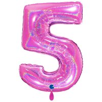 XXL &ndash; Zahlenballon 5 &ndash; Glitter Holographic Fuxia