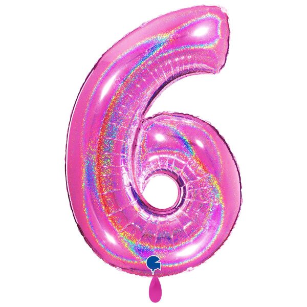 XXL &ndash; Zahlenballon 6 &ndash; Glitter Holographic Fuxia