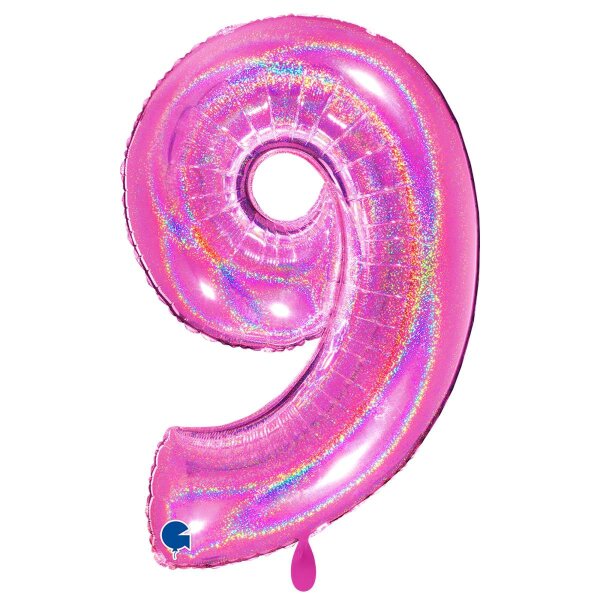 XXL &ndash; Zahlenballon 9 &ndash; Glitter Holographic Fuxia