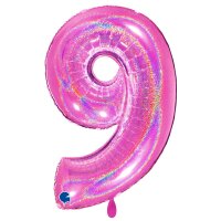 XXL &ndash; Zahlenballon 9 &ndash; Glitter Holographic Fuxia