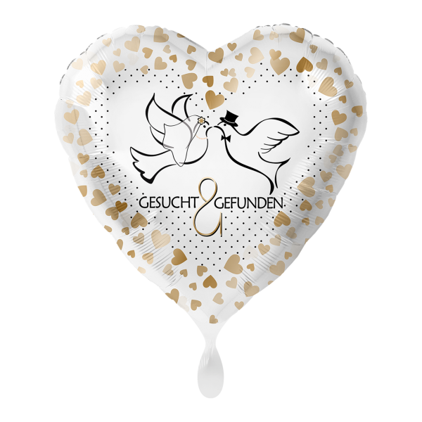 Premioloon Herz-Folienballon 43 cm „Gesucht & Gefunden“ – Hochzeitstauben