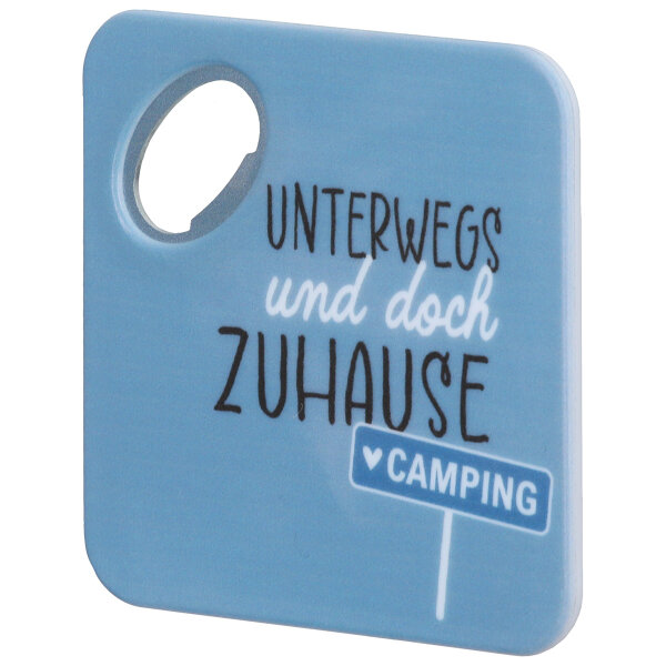 Flaschen&ouml;ffner, quadratisch, "Campergl&uuml;ck", Spruch, Kunststoff, blau, VE 24, L. 0.3 cm, B. 8.5 cm, H. 8.5 cm
