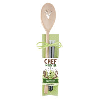 GILDE Kochlöffel „Chef im Revier!“ mit Hirschmotiv & 50 g schwarzem Salz