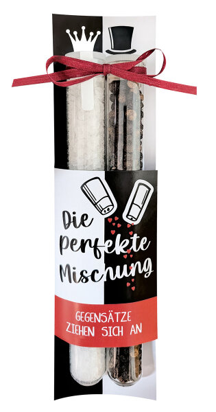 Gewürz im Reagenzglas, "Die perfekte Mischung - Salz/Pfeffer", Spruch, Glas, schwarz, weiß, VE 6, L. 3 cm, B. 6 cm, H. 21 cm