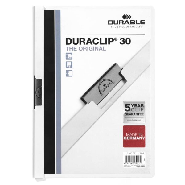 DURABLE DURACLIP Original 30 Klemmmappe DIN A4 Weiß – bis 30 Blatt – 2200-02