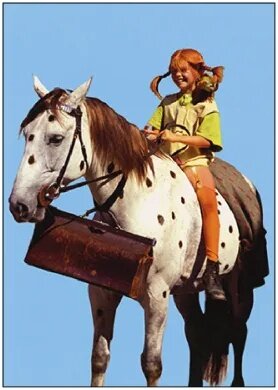 Pippi Langstrumpf reitet auf Pferd "Kleiner Onkel"