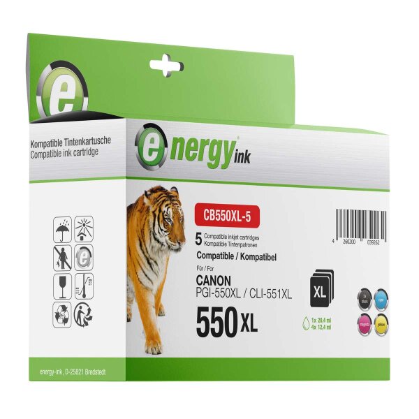 energy ink Multipack CB550XL-5 ersetzt Canon PGI-550 XL / CLI-551 XL BK/BK/C/M/Y