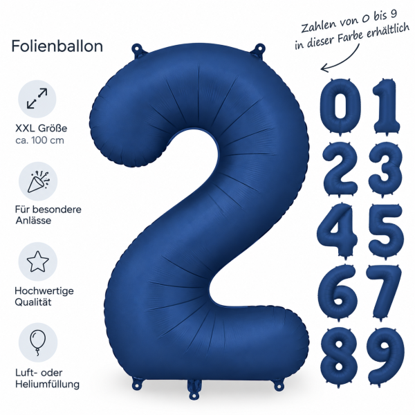 PartyDeco Folienballon XXL  Zahlen 0–9, 86 cm, Navy Blue
