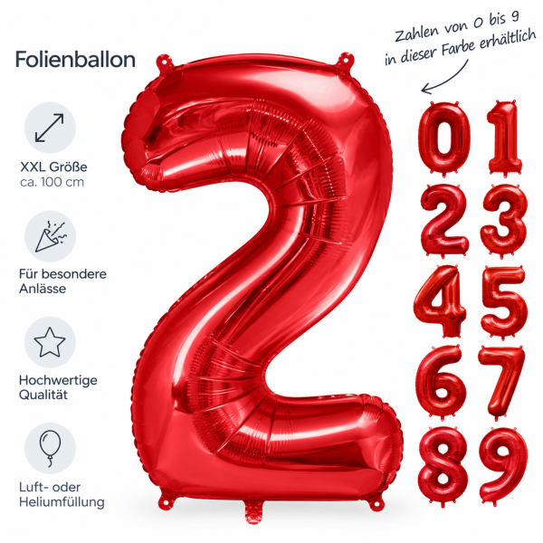 PartyDeco Folienballon XXL Zahlen 0–9, 86 cm, Rot