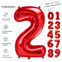PartyDeco Folienballon XXL Zahlen 0–9, 86 cm, Rot