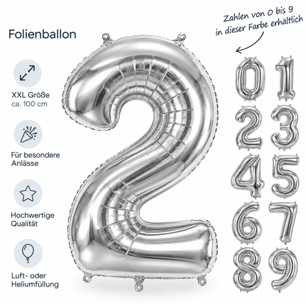 PartyDeco Folienballon XXL Zahlen 0–9, 86 cm, Silber