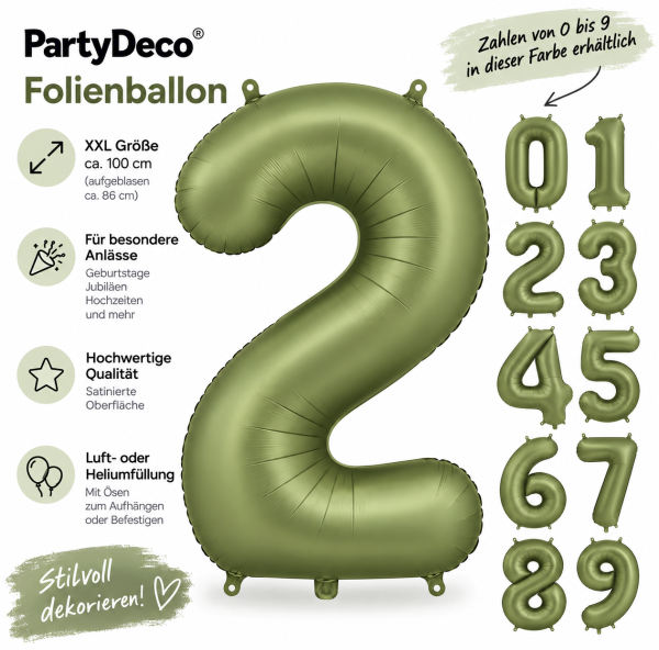PartyDeco Folienballon XXL Zahlen 0–9, 86 cm, Olive