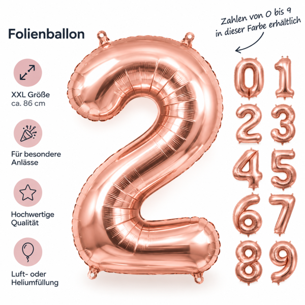 PartyDeco Folienballon XXL Zahlen 0–9, 86 cm, RoseGold
