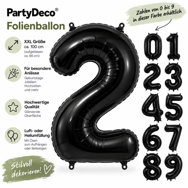 PartyDeco Folienballon XXL Zahlen 0–9, 86 cm, Schwarz