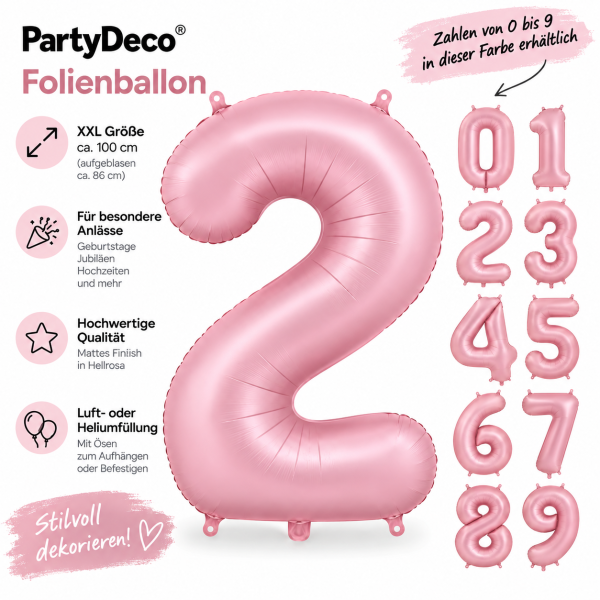 PartyDeco Folienballon XXL Zahlen 0–9, 86 cm, Hellrosa