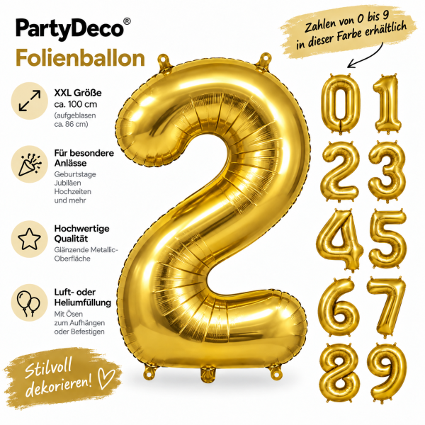 PartyDeco Folienballon XXL Zahlen 0–9, 86 cm, Gold