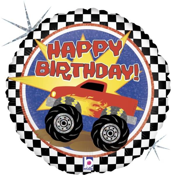 Grabo Folienballon „Happy Birthday“ Monster Truck, 35 cm – Holografisch
