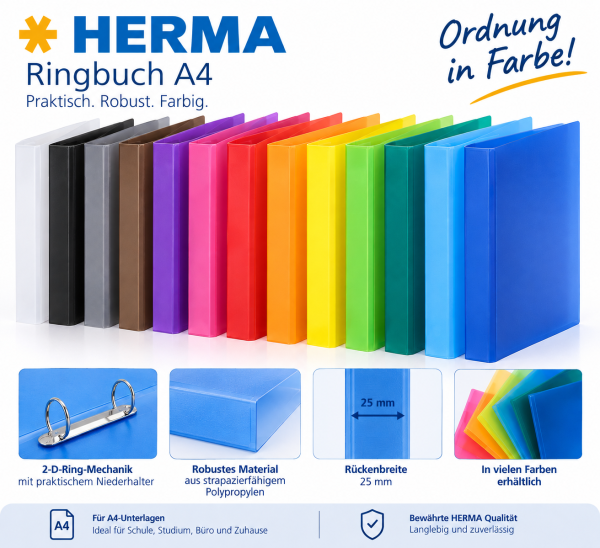 HERMA Ringbuch A4, 2-Ring-Mechanik, 25 mm – verschiedene Farben