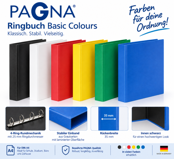 PAGNA Ringbuch Basic Colours A4, 4-Ring, 35 mm – verschiedene Farben